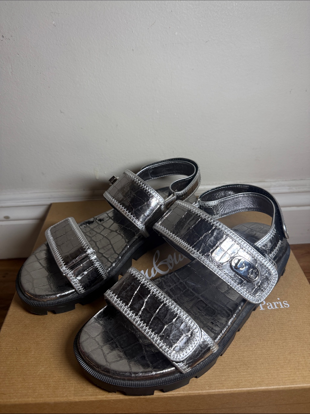 Christian Louboutin Metallic Silver Croc-Embossed Leather Sandals